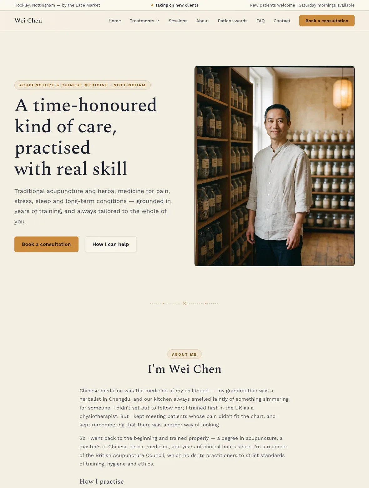 The Meridian template — homepage on desktop and mobile