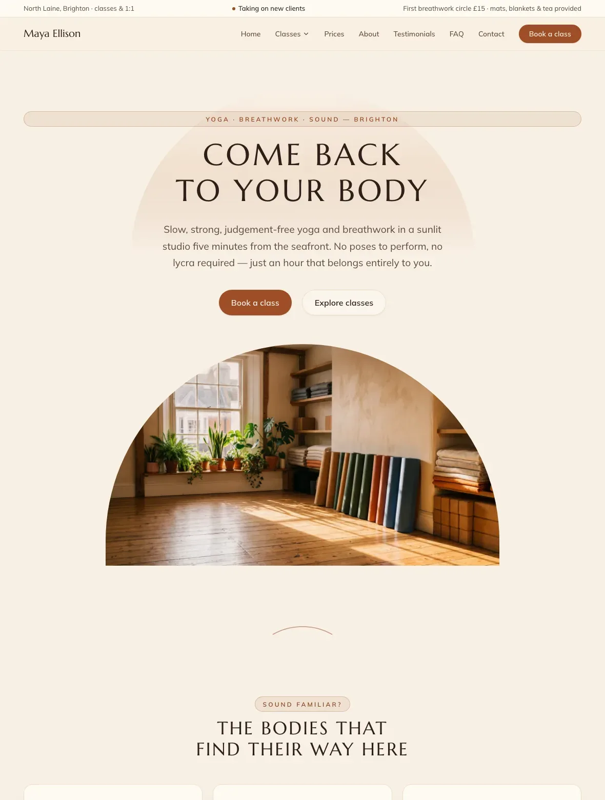 The Sanctuary template — homepage on desktop and mobile